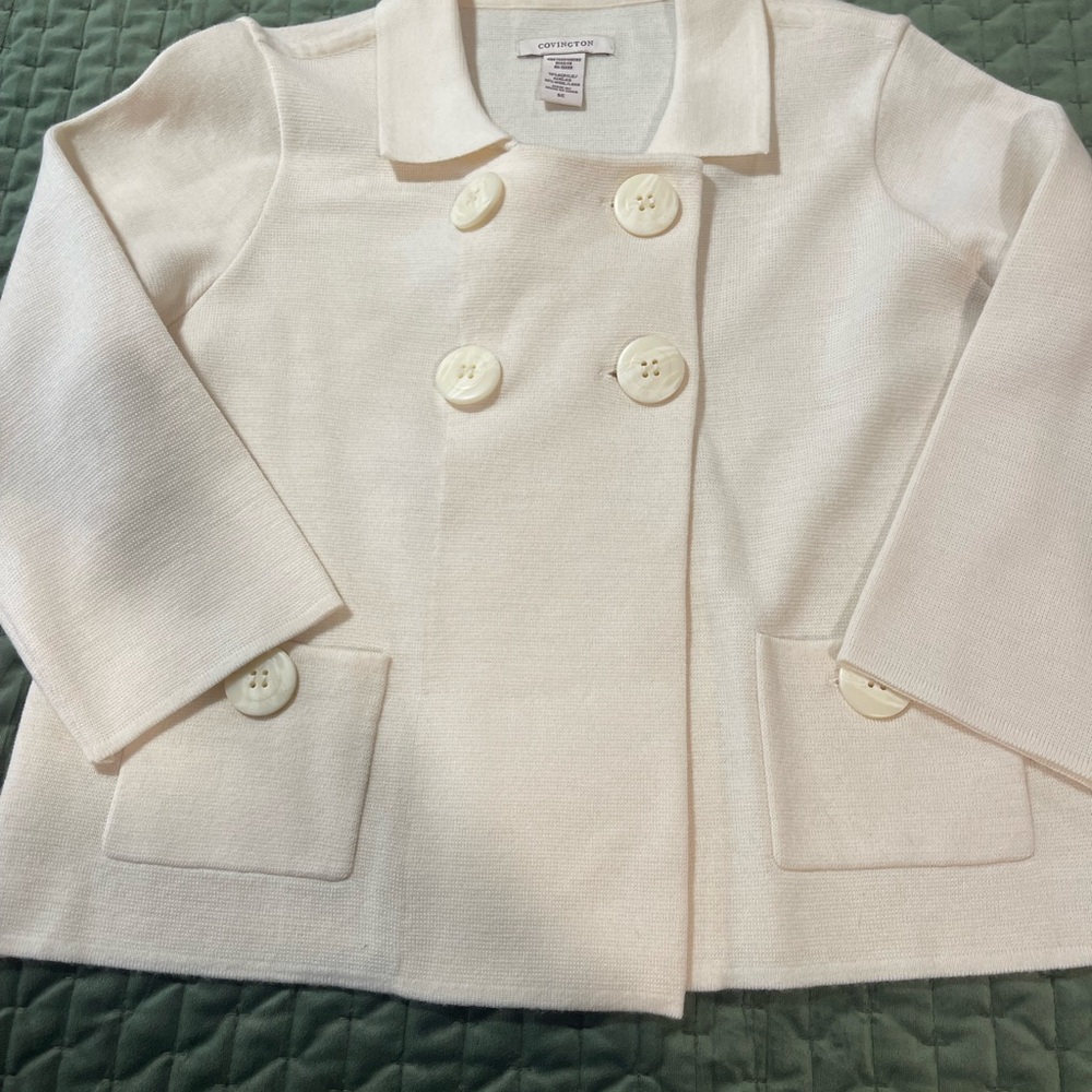 Covington cropped cream off‎ white knit long sleeve double breasted jacket small